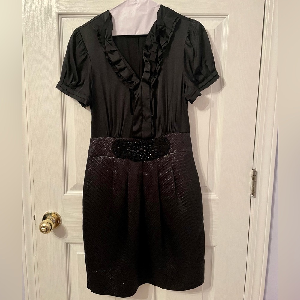 BCBG silk top with beaded belt buckle & brocade skirt style dress
